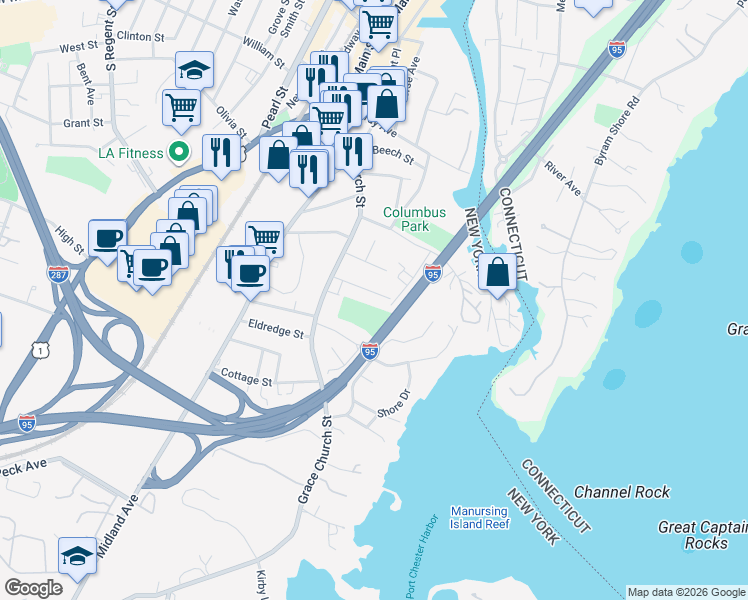 map of restaurants, bars, coffee shops, grocery stores, and more near 49 Alto Avenue in Port Chester