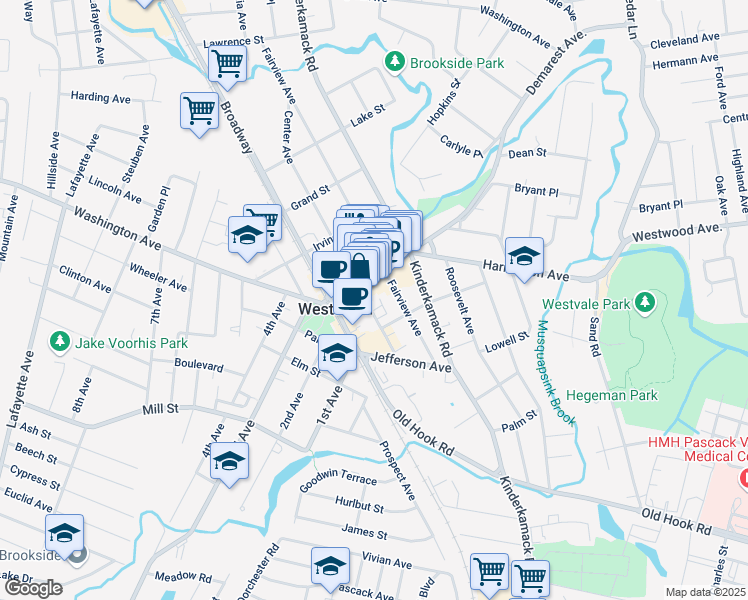 map of restaurants, bars, coffee shops, grocery stores, and more near 157 Westwood Avenue in Westwood