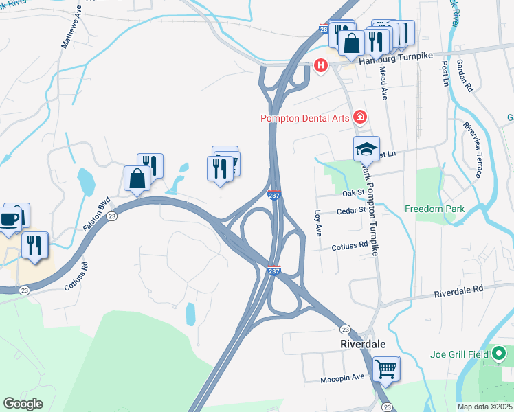 map of restaurants, bars, coffee shops, grocery stores, and more near Highway 23 in Riverdale