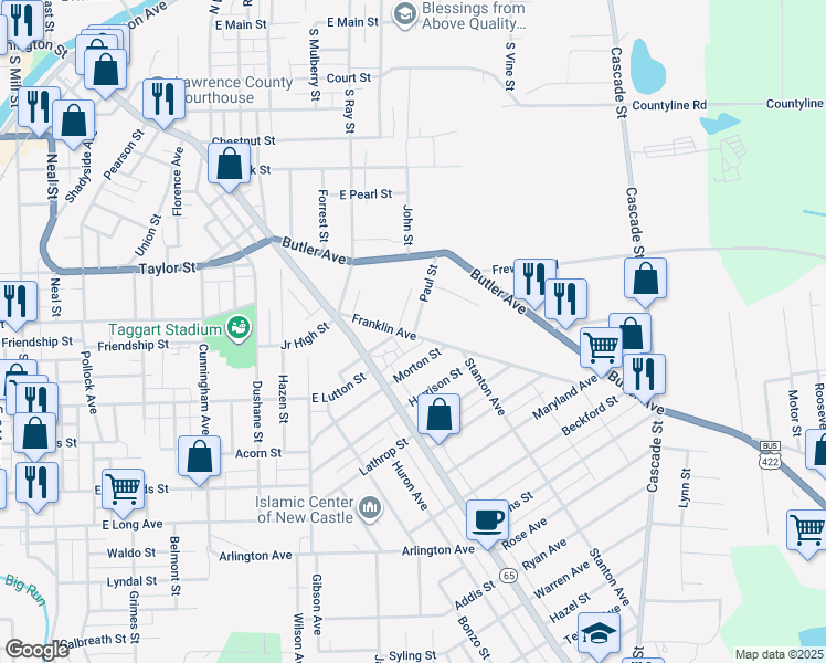 map of restaurants, bars, coffee shops, grocery stores, and more near 831 Franklin Avenue in New Castle