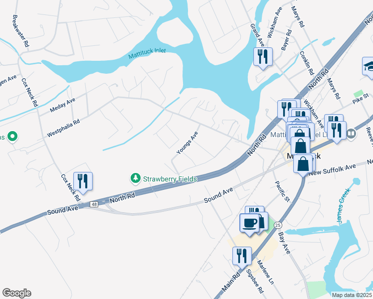 map of restaurants, bars, coffee shops, grocery stores, and more near 595 Youngs Avenue in Mattituck