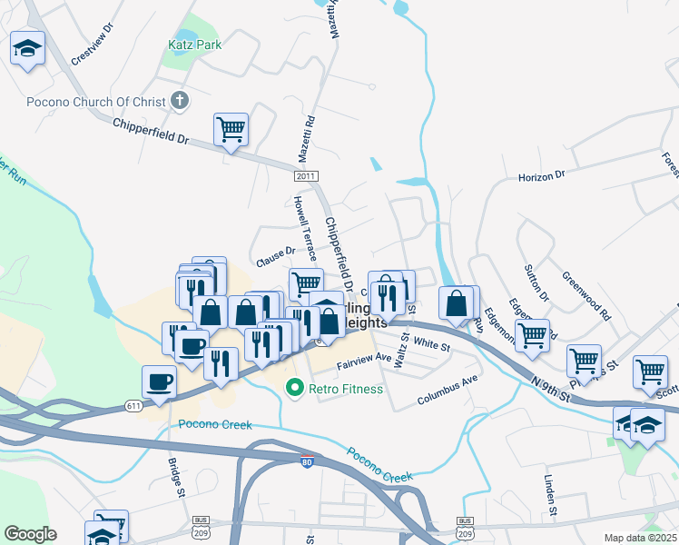 map of restaurants, bars, coffee shops, grocery stores, and more near 996 Long Lane Avenue in Stroudsburg