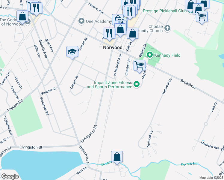 map of restaurants, bars, coffee shops, grocery stores, and more near 18 West Railroad Avenue in Norwood
