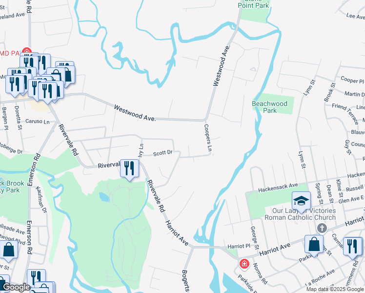 map of restaurants, bars, coffee shops, grocery stores, and more near 119 Stacey Court in River Vale