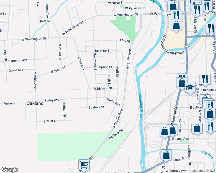 map of restaurants, bars, coffee shops, grocery stores, and more near 46 High Street in New Castle