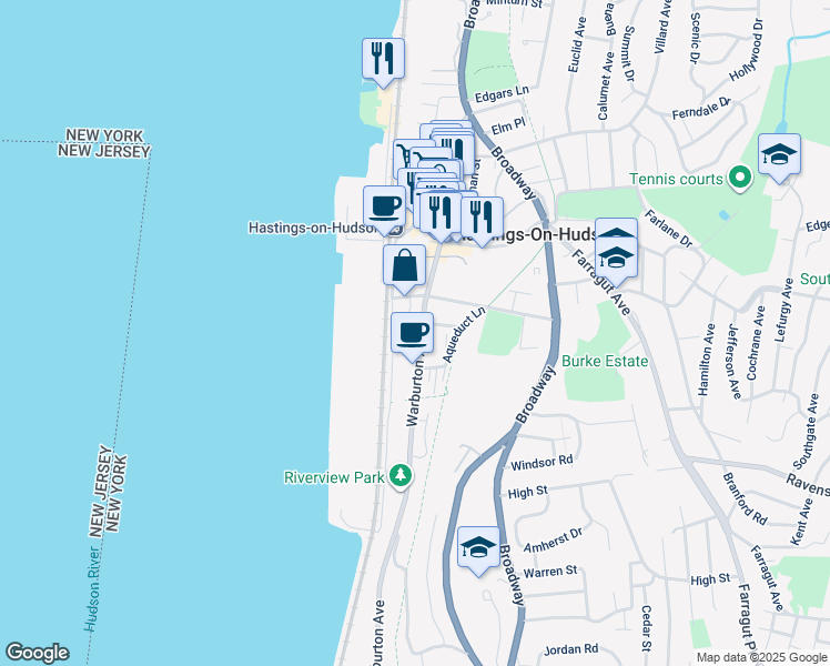 map of restaurants, bars, coffee shops, grocery stores, and more near 7 Ridge Street in Hastings-on-Hudson