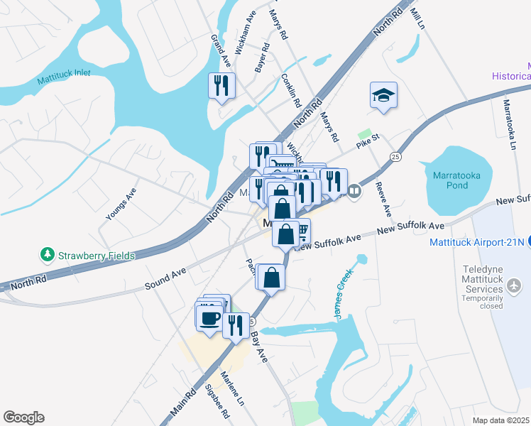map of restaurants, bars, coffee shops, grocery stores, and more near 140 Pike Street in Mattituck