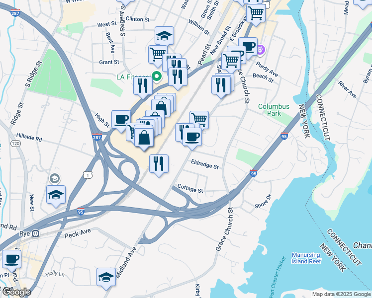 map of restaurants, bars, coffee shops, grocery stores, and more near in Port Chester
