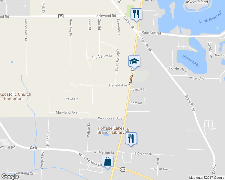 map of restaurants, bars, coffee shops, grocery stores, and more near 4096 Lake Vista Road in Akron