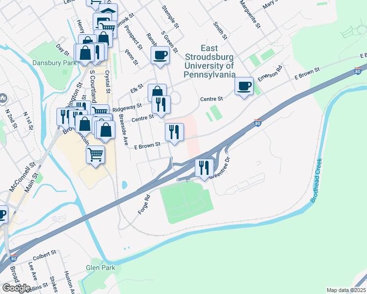 map of restaurants, bars, coffee shops, grocery stores, and more near 163 E Brown St in East Stroudsburg