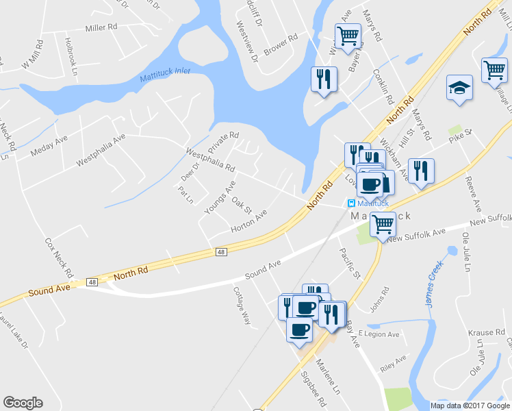 map of restaurants, bars, coffee shops, grocery stores, and more near 160 Oak Street in Mattituck