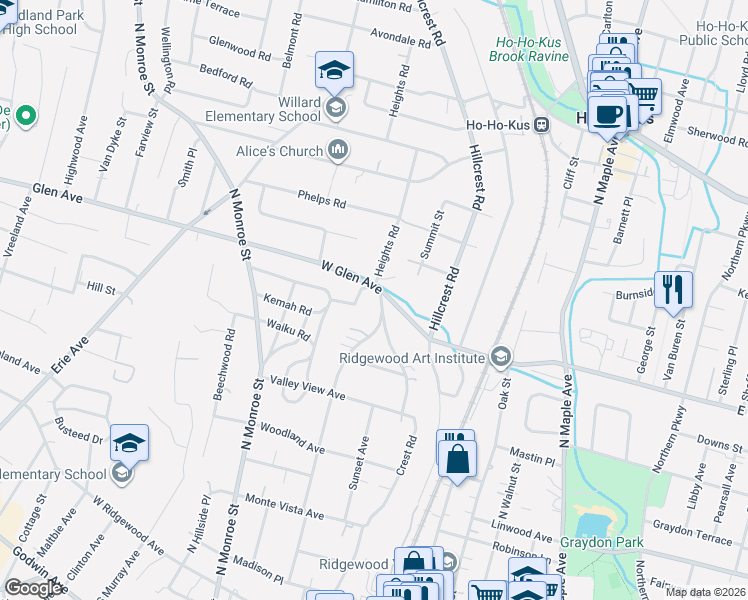 map of restaurants, bars, coffee shops, grocery stores, and more near 114 South Hill Road in Ridgewood