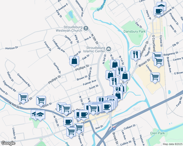 map of restaurants, bars, coffee shops, grocery stores, and more near 510 Wallace Street in Stroudsburg