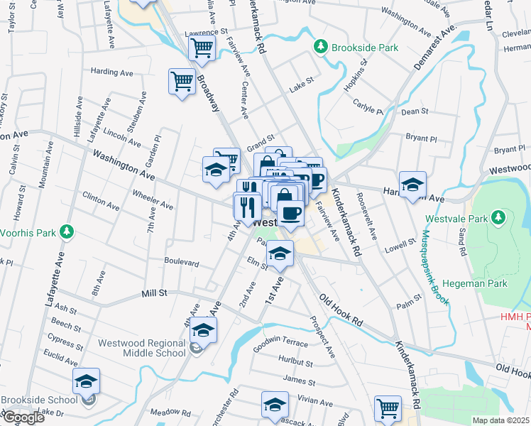 map of restaurants, bars, coffee shops, grocery stores, and more near 20 Washington Avenue in Westwood