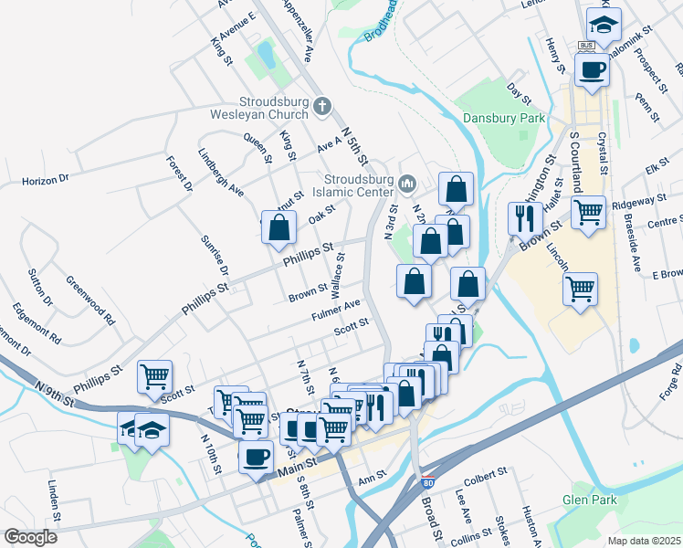 map of restaurants, bars, coffee shops, grocery stores, and more near 510 Wallace Street in Stroudsburg