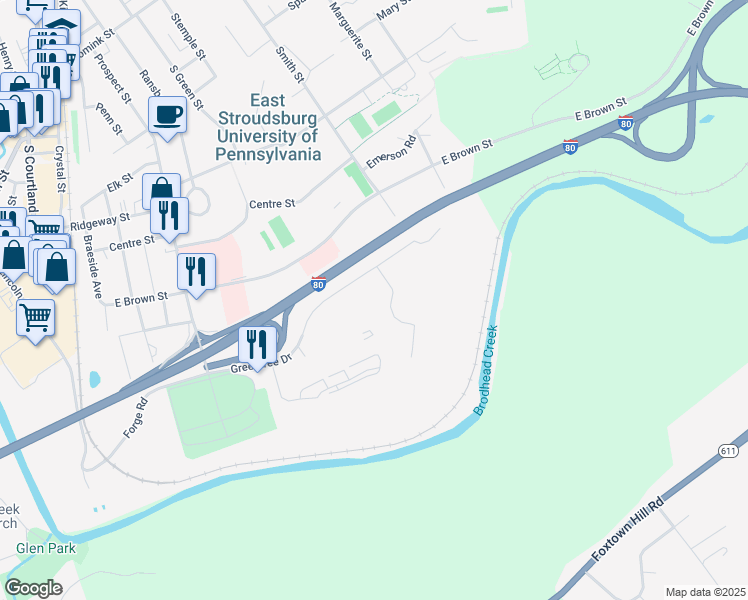 map of restaurants, bars, coffee shops, grocery stores, and more near 191 Spring Lane in East Stroudsburg