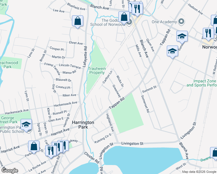 map of restaurants, bars, coffee shops, grocery stores, and more near 56 Greenway in Harrington Park