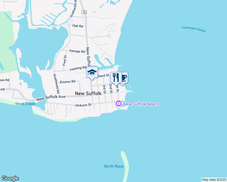 map of restaurants, bars, coffee shops, grocery stores, and more near 830 2nd Street in New Suffolk