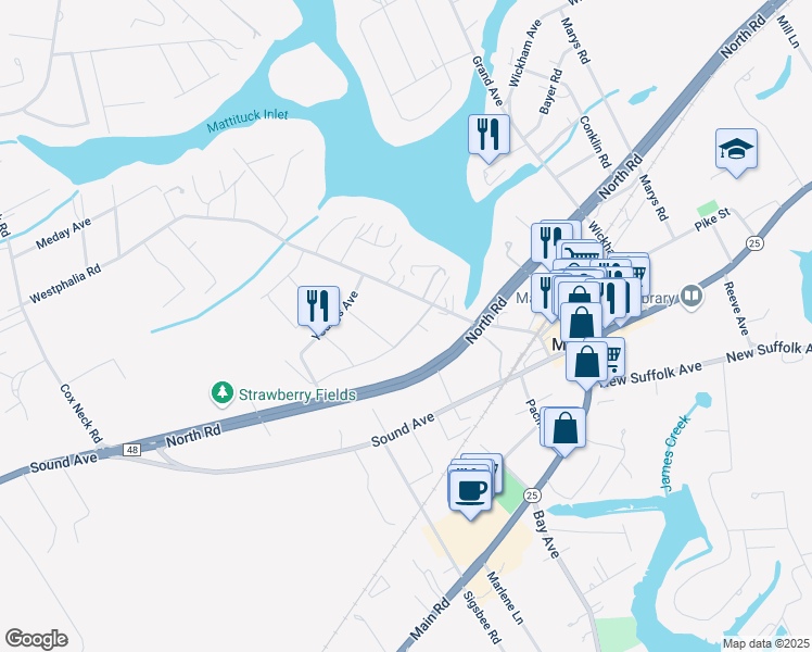 map of restaurants, bars, coffee shops, grocery stores, and more near 1255 Horton Avenue in Mattituck