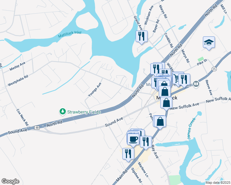 map of restaurants, bars, coffee shops, grocery stores, and more near 1255 Horton Avenue in Mattituck
