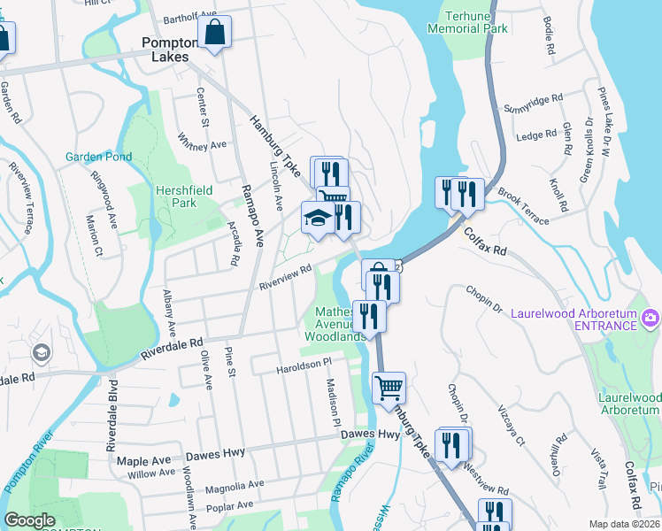 map of restaurants, bars, coffee shops, grocery stores, and more near 88 Riverview Road in Pompton Lakes