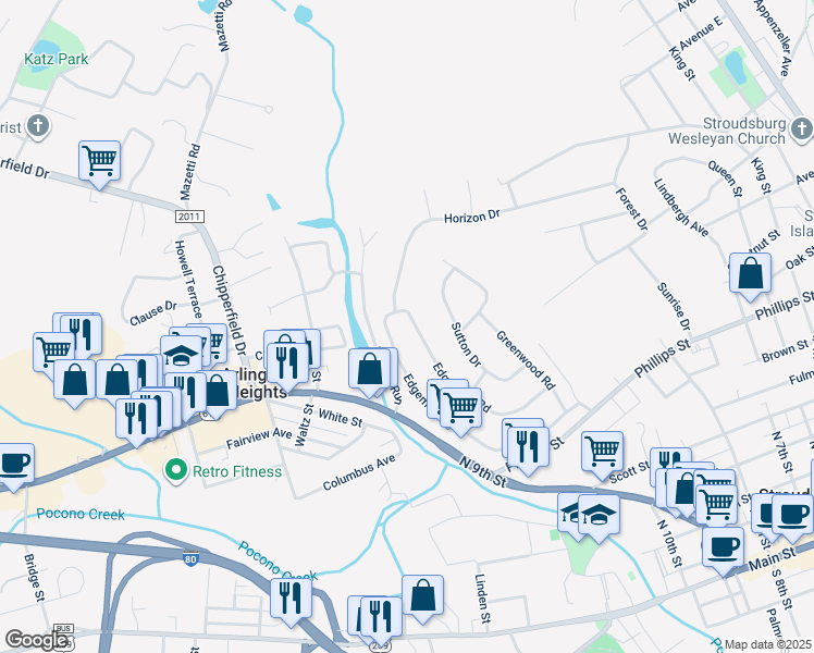 map of restaurants, bars, coffee shops, grocery stores, and more near 417 Edgemont Road in Stroudsburg