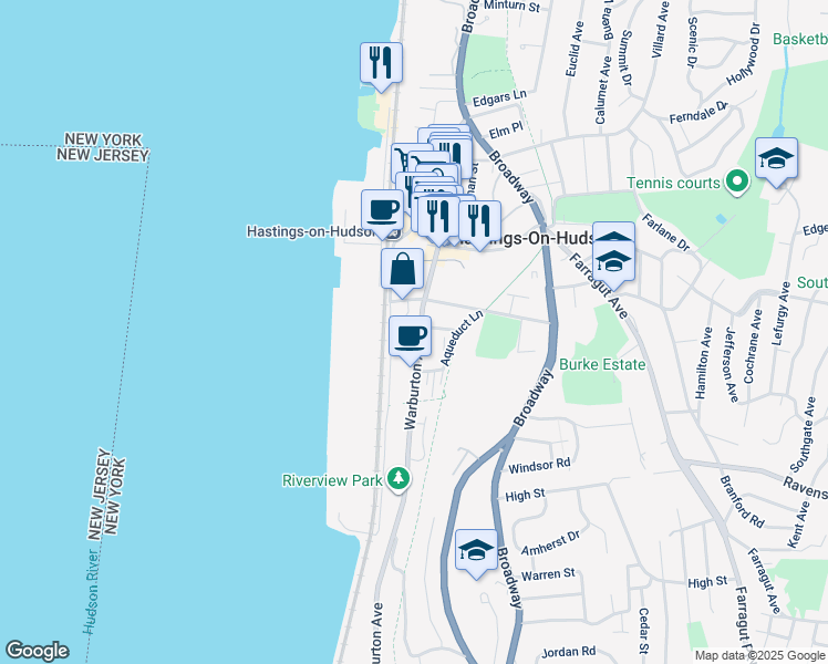 map of restaurants, bars, coffee shops, grocery stores, and more near 7 Ridge Street in Hastings-on-Hudson