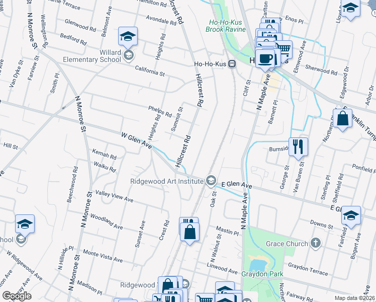 map of restaurants, bars, coffee shops, grocery stores, and more near 442 Upper Boulevard in Ridgewood