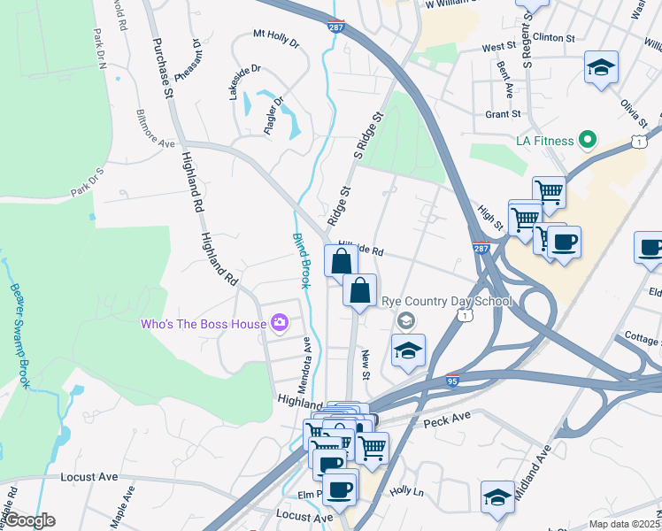 map of restaurants, bars, coffee shops, grocery stores, and more near 134 Wappanocca Avenue in Rye