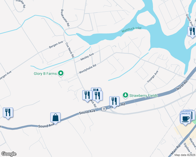 map of restaurants, bars, coffee shops, grocery stores, and more near 5779 Westphalia Road in Mattituck