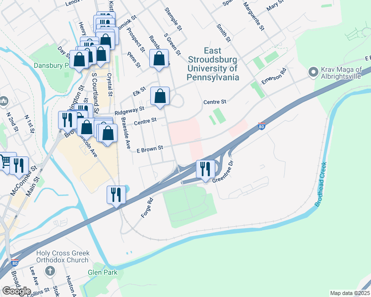 map of restaurants, bars, coffee shops, grocery stores, and more near 175 East Brown Street in East Stroudsburg