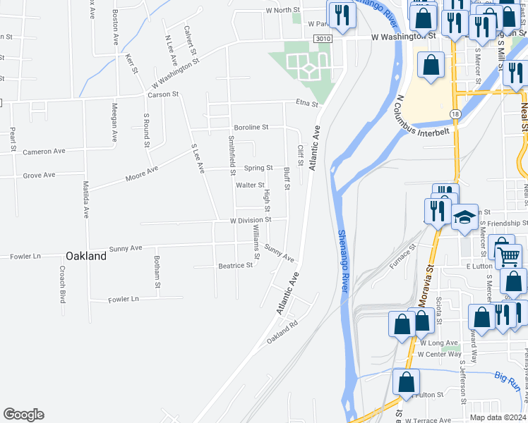 map of restaurants, bars, coffee shops, grocery stores, and more near 44 High Street in New Castle