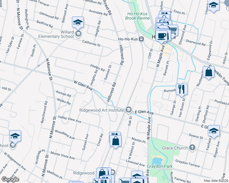 map of restaurants, bars, coffee shops, grocery stores, and more near 442 Upper Boulevard in Ridgewood