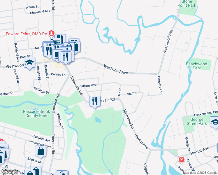 map of restaurants, bars, coffee shops, grocery stores, and more near 743 Tiffany Avenue in River Vale