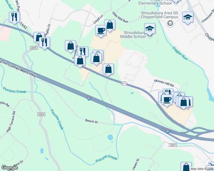 map of restaurants, bars, coffee shops, grocery stores, and more near 370 White Stone Corner Road in Stroudsburg