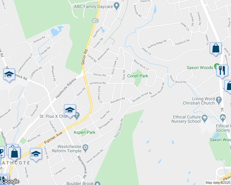 map of restaurants, bars, coffee shops, grocery stores, and more near 36 Aspen Road in Scarsdale