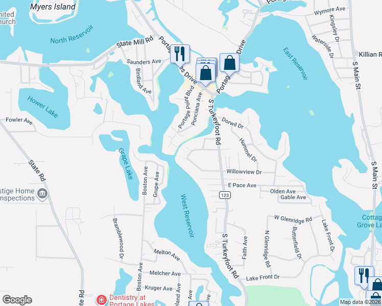 map of restaurants, bars, coffee shops, grocery stores, and more near 487 Edgepark Drive in Akron