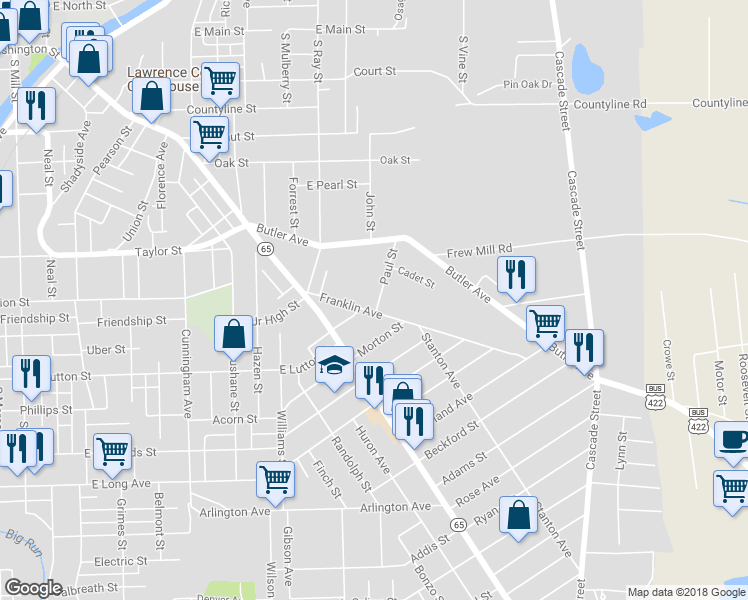 map of restaurants, bars, coffee shops, grocery stores, and more near 742 Paul Street in New Castle