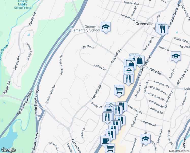 map of restaurants, bars, coffee shops, grocery stores, and more near 19 High Point Terrace in Scarsdale