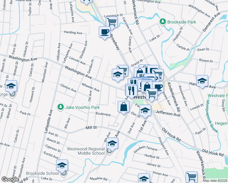 map of restaurants, bars, coffee shops, grocery stores, and more near 50 Saint Nicholas Avenue in Westwood