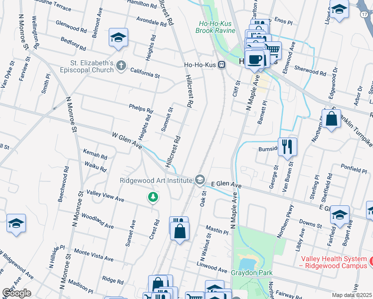 map of restaurants, bars, coffee shops, grocery stores, and more near 442 Upper Boulevard in Ridgewood