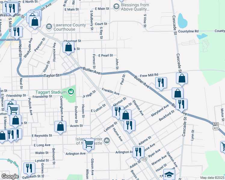 map of restaurants, bars, coffee shops, grocery stores, and more near 831 Franklin Avenue in New Castle