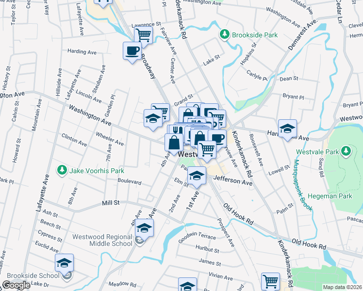 map of restaurants, bars, coffee shops, grocery stores, and more near 11 Madison Avenue in Westwood