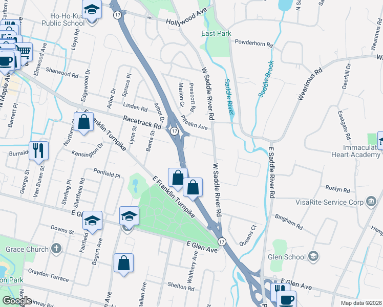 map of restaurants, bars, coffee shops, grocery stores, and more near 560 New Jersey 17 in Ridgewood