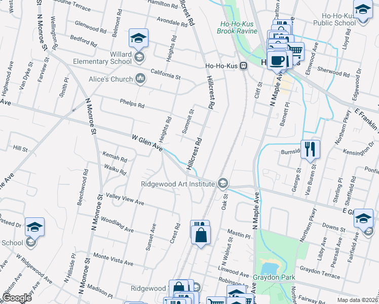 map of restaurants, bars, coffee shops, grocery stores, and more near 436 Hillcrest Road in Ridgewood