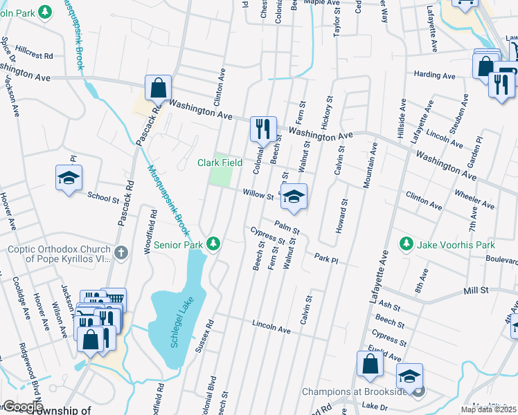 map of restaurants, bars, coffee shops, grocery stores, and more near 524 Beech Street in Westwood