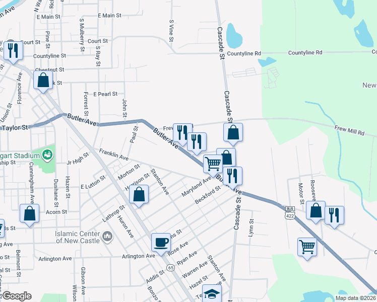 map of restaurants, bars, coffee shops, grocery stores, and more near 1103 Butler Avenue in New Castle
