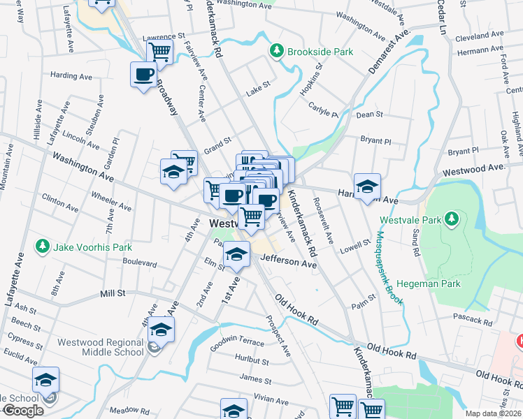map of restaurants, bars, coffee shops, grocery stores, and more near 157 Westwood Avenue in Westwood
