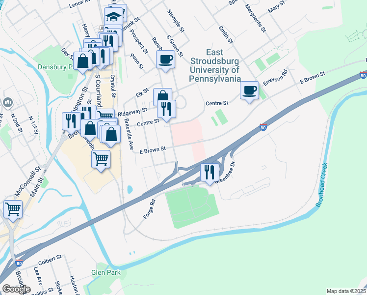 map of restaurants, bars, coffee shops, grocery stores, and more near 163 East Brown Street in East Stroudsburg