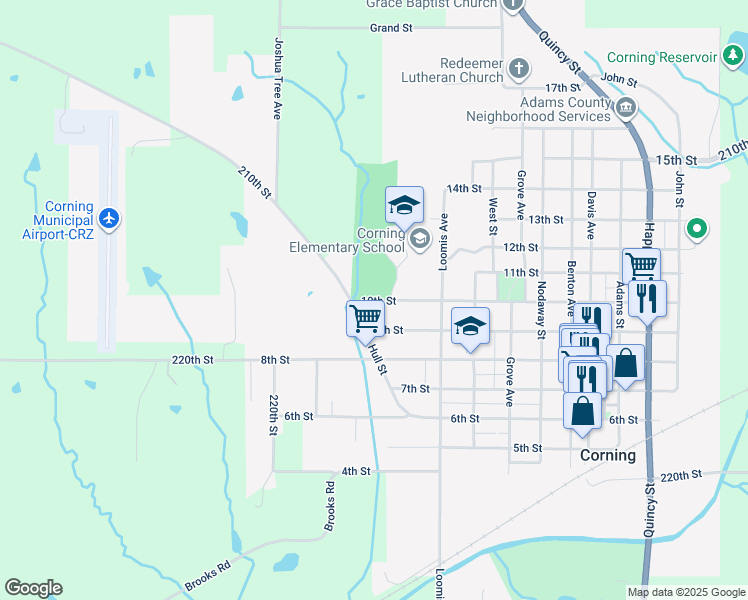 map of restaurants, bars, coffee shops, grocery stores, and more near 1012 10th Street in Corning